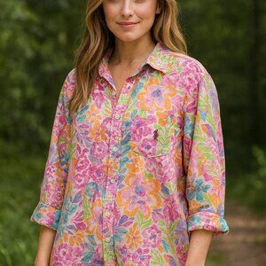 Lauren Ralph Lauren XL Floral Button-Up Shirt – 100% Cotton Pastel Watercolor